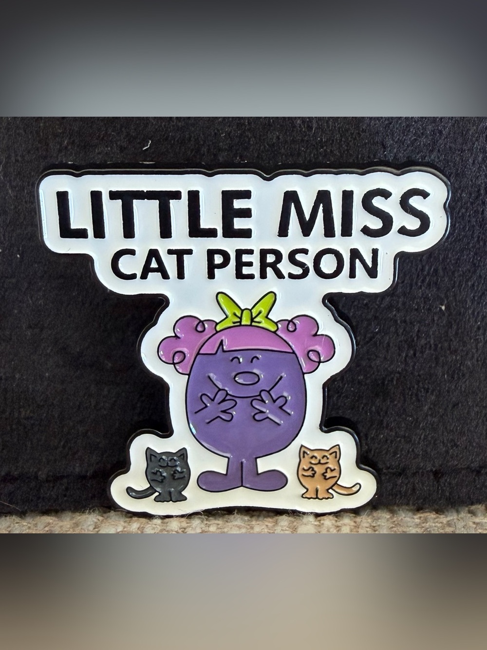 Little Miss Cat Person Enamel Brooch – Purple, Pink, Green, Black, Tan